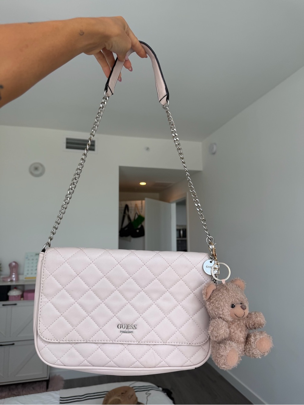 GUESS Pink Quilted Shoulder Bag Chain Strap + Teddy Bear Charm